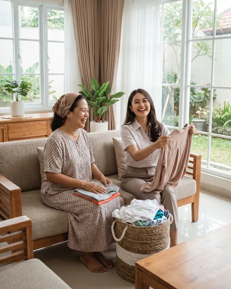 Ibu rumah tangga dan pekerja kantoran senang melipat laundry bersih di rumah