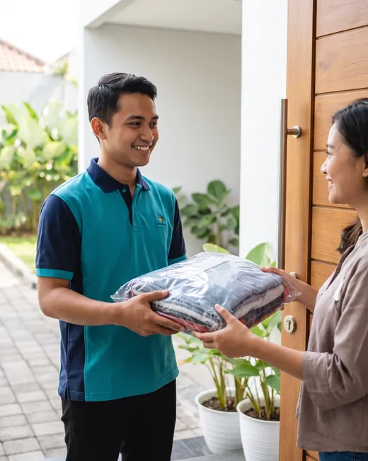 Kurir Laundrive tersenyum ramah mengantarkan laundry ke pelanggan yang senang di depan rumah